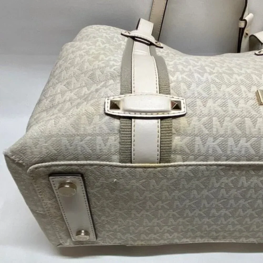 Michael Kors Griffin Large Logo Tote Natural Jacqard Canvas Leather Trim GUC‎